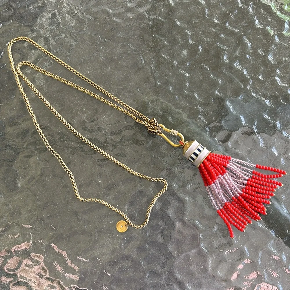 ✨STELLA & DOT Pink & Red Beaded Retired “Brio” Tassle Statement Necklace - Picture 2 of 7